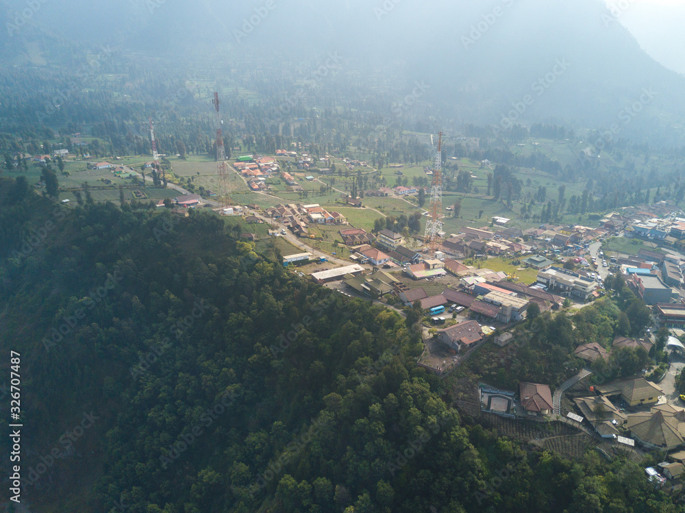 Aerial view of village at Bromo mountain hill.
