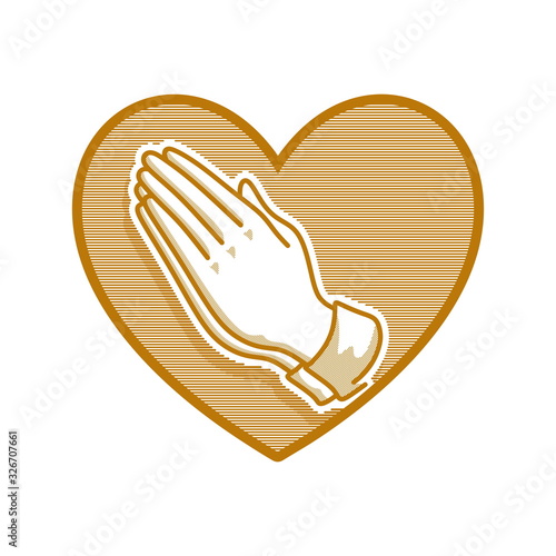 Church logo. Christian symbols. Hands folded in prayer against the background of the heart.