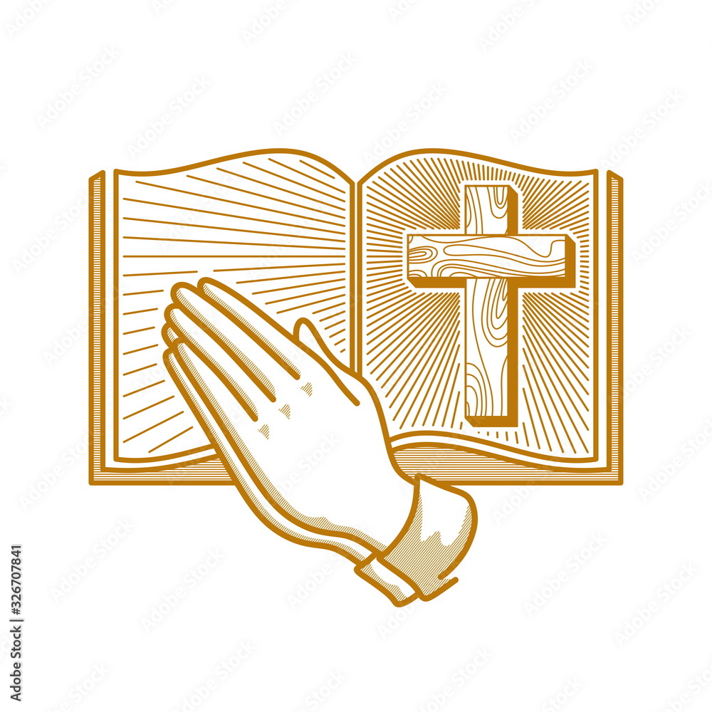 Fototapeta premium Church logo. Christian symbols. Hands folded in prayer against the background of a wooden cross of Jesus Christ and an open bible.