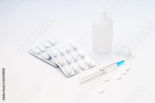 Tablets on a white background. drugs or Medicines for health, a banner for a hospital or clinic.