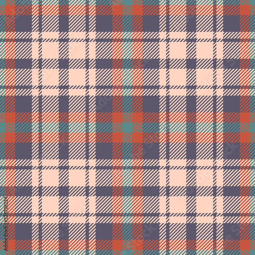 Seamless check plaid multicolored pattern. Spring, summer, autumn, and winter tartan plaid background in purple, pink, red, and green for flannel shirt, scarf, blanket, duvet cover, etc.