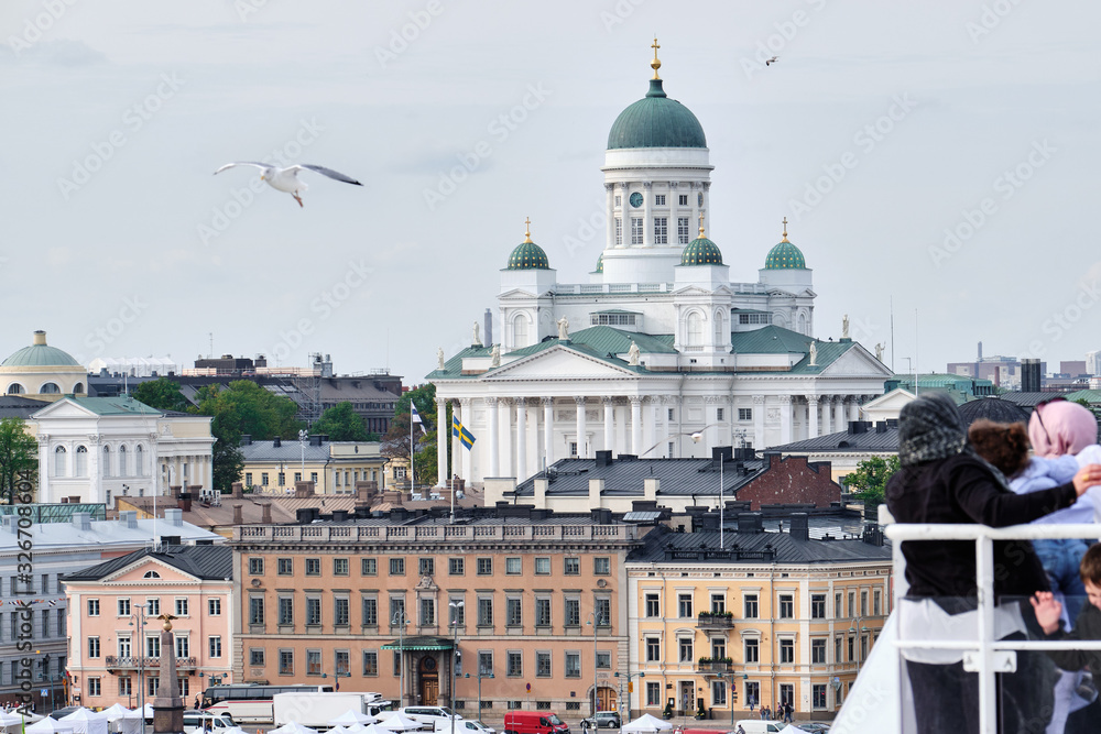 View of Helsinki cathedral and old city from cruise ferry.