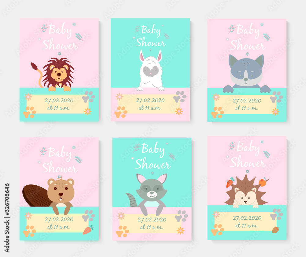 Set of Baby shower posters with cute animals. Greeting card, alpaca, lion, wolf, beaver, raccoon and angels. Vector illustration