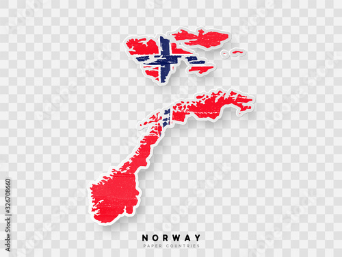 Norway detailed map with flag of country. Painted in watercolor paint colors in the national flag.