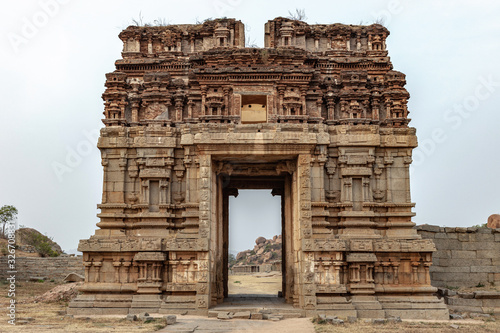 The entrance the Achyutaraya temple. The ruin of ancient temples near the village of Hampi. The Group of Monuments at Hampi was the centre of the Hindu Vijayanagara Empire in Karnataka state in India