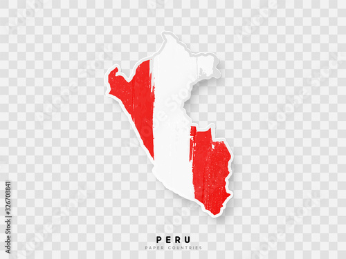 Peru detailed map with flag of country. Painted in watercolor paint colors in the national flag.