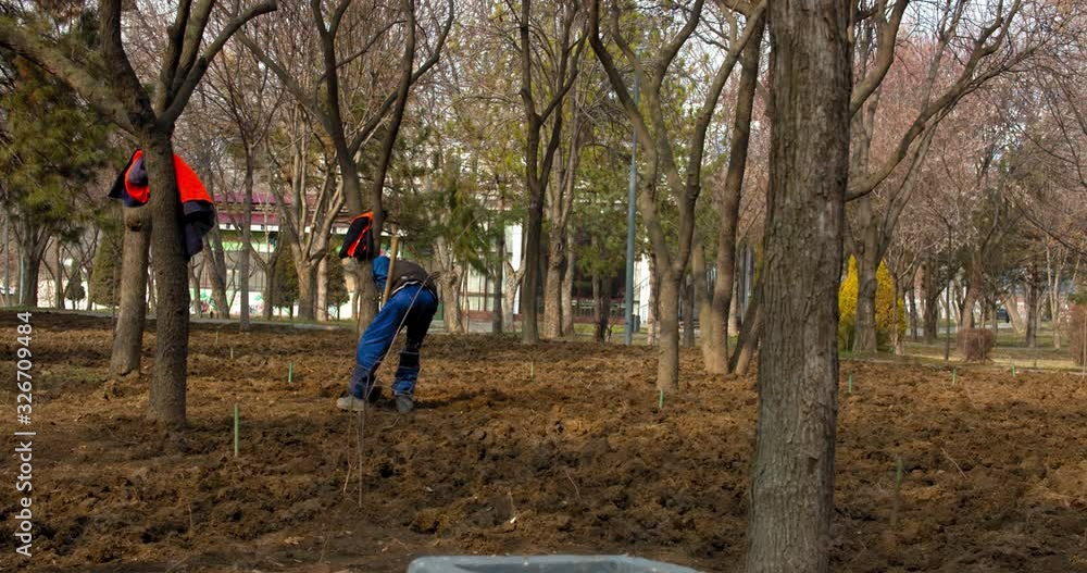 Spring work behind the Amir Temur Museum Tashkent, Uzbekistan. Dripping the ground. Beautification of the garden. People in Orange Vests. BMPCC4K Spring work behind the Amir Temur Museum Tashkent, Uzbekistan. Dripping the ground. Beautification of the garden. People in Orange Vests. BMPCC4K