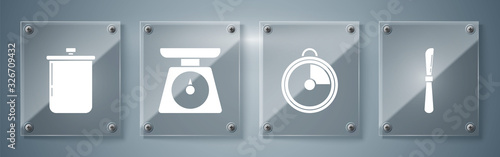 Set Knife , Kitchen timer , Scales and Cooking pot . Square glass panels. Vector