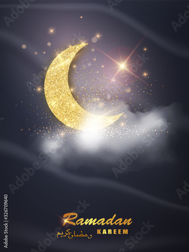 Ramadan Kareem background with moon, stars in the clouds. Ramadan mubarak Greeting card, invitation for muslim community