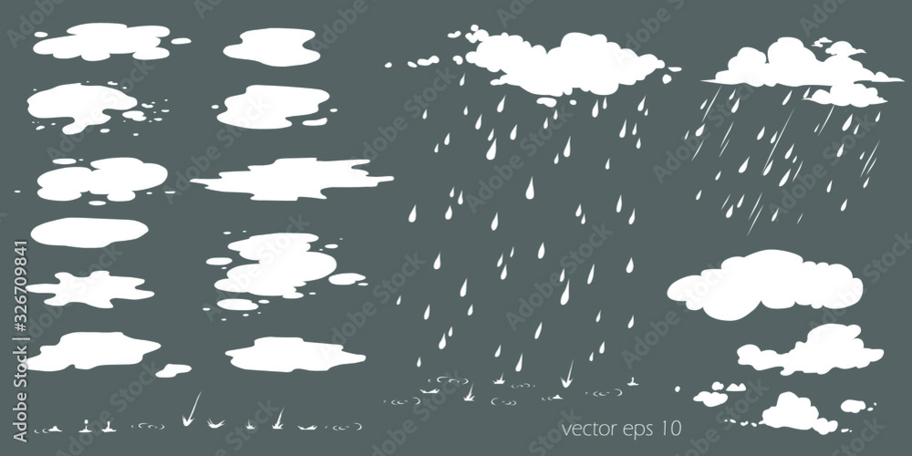 Set of water plashes, puddle. Flow effect vector animation, sprite sheet  for game or cartoon or animation. Cartoon steam clouds, puff, mist, fog,  watery vapour or dust explosion 2D VFX illustration Stock