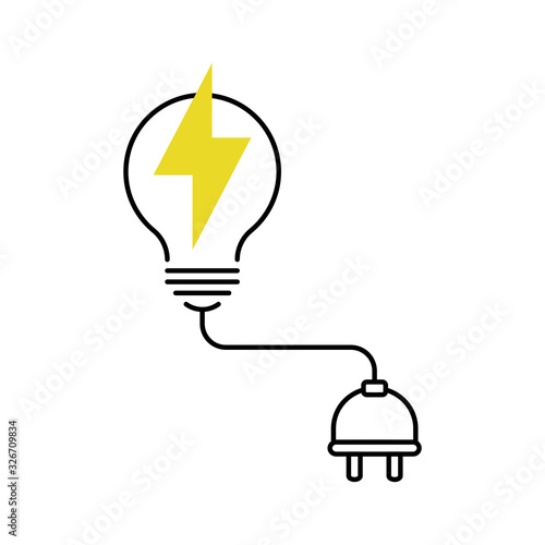 Electric bulb and plug illustration. Concept of Electricity. Outline thin line flat illustration. Isolated on white background. 