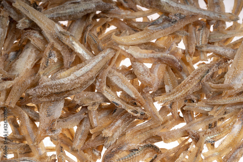 Anchovies close up view with white background