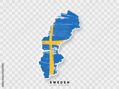 Sweden detailed map with flag of country. Painted in watercolor paint colors in the national flag.