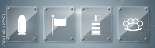 Set Brass knuckles , Hand grenade , Flag and Bullet . Square glass panels. Vector