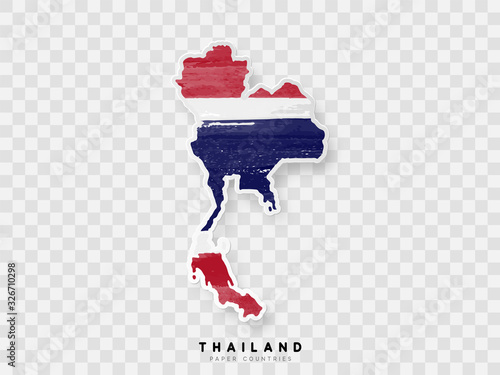Thailand detailed map with flag of country. Painted in watercolor paint colors in the national flag.