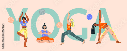 Womens yoga banner with letters and people character practising asana. Meditation classes and yoga studio, courses web banner template. Flat vector illustration.