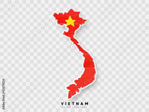 Vietnam detailed map with flag of country. Painted in watercolor paint colors in the national flag.