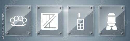 Set Aviation bomb , Walkie talkie , Military ammunition box and Brass knuckles . Square glass panels. Vector