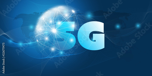 5G Network Label with Wireframe Sphere - High Speed, Broadband Mobile Telecommunication and Wireless Internet Design Concept