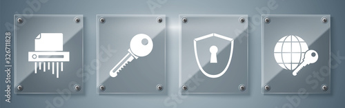 Set Globe key , Shield with keyhole , Key and Paper shredder confidential. Square glass panels. Vector