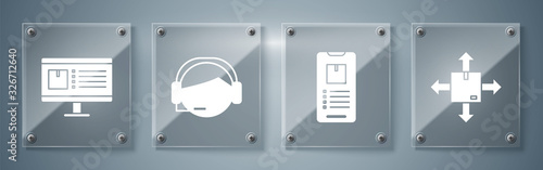 Set Cardboard box with traffic symbol, Mobile phone with app delivery tracking , Support operator in touch and Computer monitor with app delivery tracking . Square glass panels. Vector