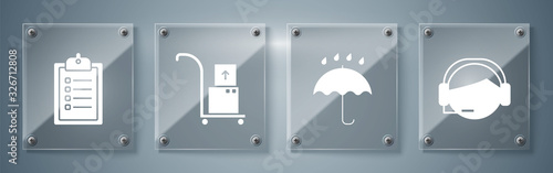 Set Support operator in touch, Umbrella and rain drops , Hand truck and boxes and Verification of delivery list clipboard . Square glass panels. Vector