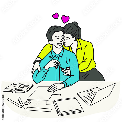 Love in the office. Businesswoman kissing young man with love affair at workplace. Outline, linear, thin line art, hand drawn sketch design. 