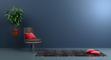 krzesło i roślina w pustym wnętrzu pokoju, ciemno niebieska makieta ściany, przestrzeń robocza, 3D ilustracja