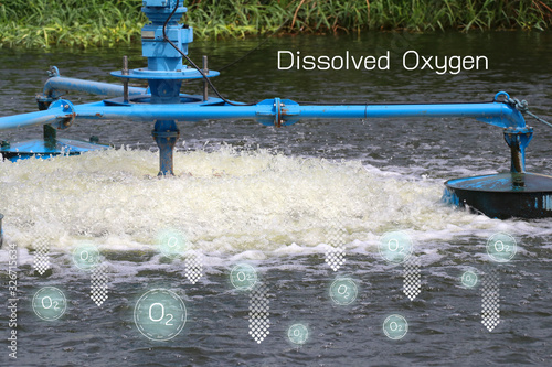 Aerator for water source to increase the oxygen value. Aerator for water with oxygen symbols floating around.