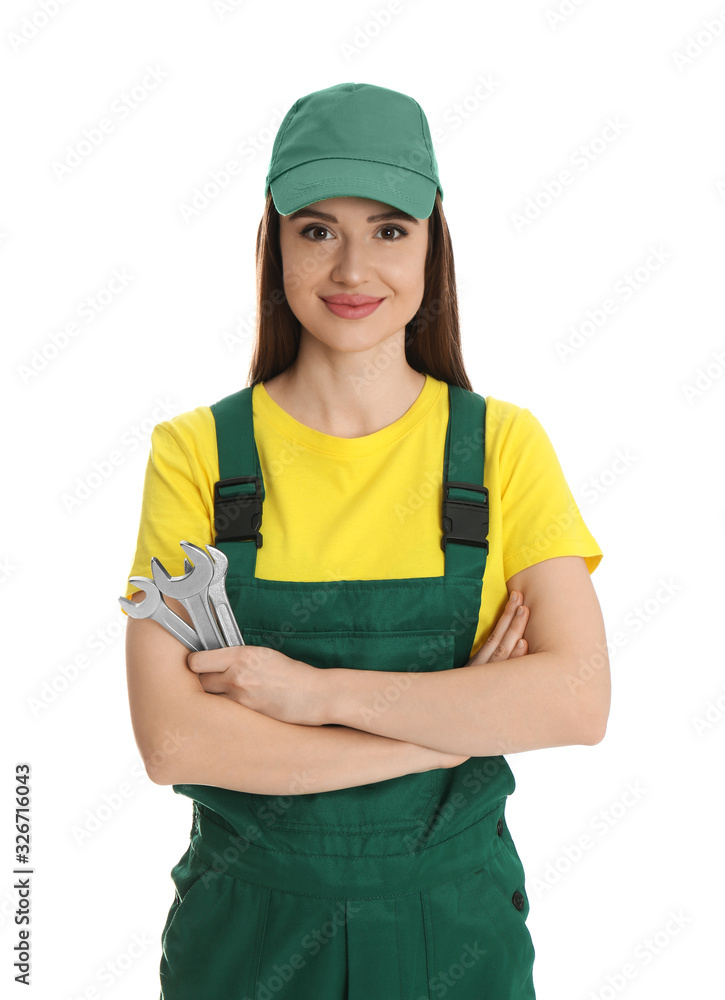 Portrait of professional auto mechanic with wrenches on white background Portrait of professional auto mechanic with wrenches on white background