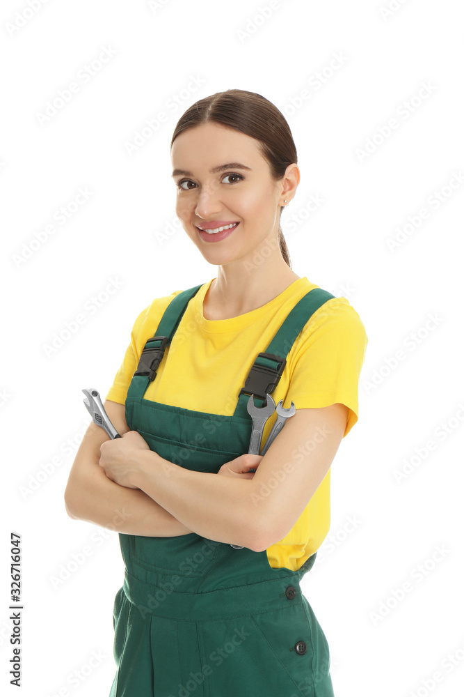 Portrait of professional auto mechanic with wrenches on white background Portrait of professional auto mechanic with wrenches on white background