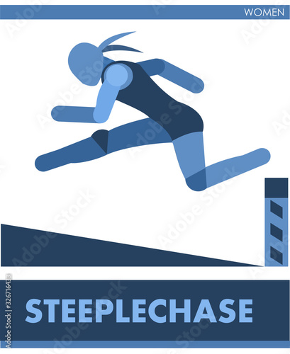 Female steeplechase. Overcoming a pit with water. Women run athletics cross-country sports; racing competition. Running with obstacles. The symbolic image of a girl. One of a series. Vector isolated