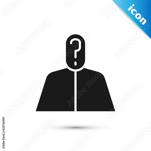 Grey Anonymous man with question mark icon isolated on white background. Unknown user, incognito profile, business secrecy, obscurity. Vector Illustration