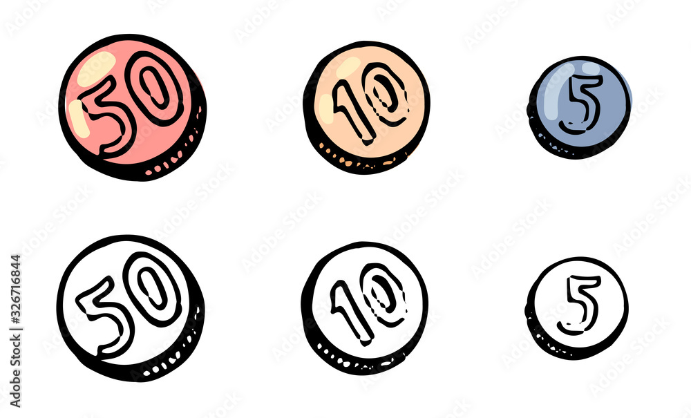 Hand drawn vector illustration. Set of contour and color drawings isolated on white. Three coins, small money. Doodles element for design, card, print, poster, sticker. Vintage sketch, realistic style Hand drawn vector illustration. Set of contour and color drawings isolated on white. Three coins, small money. Doodles element for design, card, print, poster, sticker. Vintage sketch, realistic style