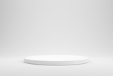 Empty podium or pedestal display on white background with cylinder stand concept. Blank product shelf standing backdrop. 3D rendering.
