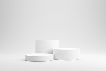 Empty podium or pedestal display on white background with cylinder stand concept. Blank product shelf standing backdrop. 3D rendering.
