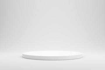 Empty podium or pedestal display on white background with cylinder stand concept. Blank product shelf standing backdrop. 3D rendering.