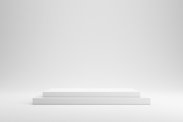 Empty podium or pedestal display on white background with box stand concept. Blank product shelf standing backdrop. 3D rendering.