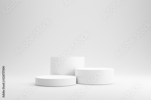 Empty podium or pedestal display on white background with cylinder stand concept. Blank product shelf standing backdrop. 3D rendering. photo