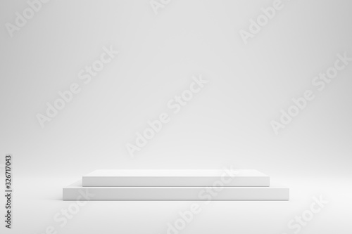 Empty podium or pedestal display on white background with box stand concept. Blank product shelf standing backdrop. 3D rendering.