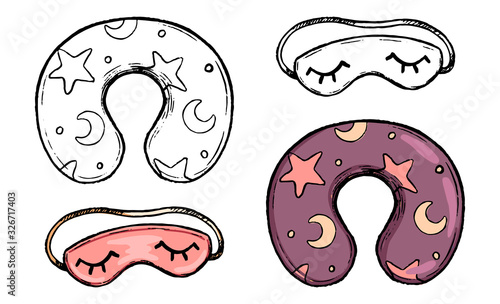 Hand drawn vector illustration. Set of contour and color drawings isolated on white. Sleep mask and travel pillow. Doodles element for design, cards, prints, posters. Vintage sketch in realistic style