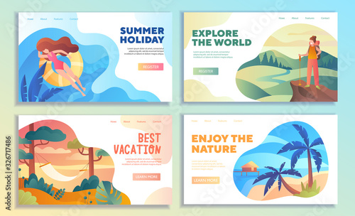 Set of four online web travel templates for a Summer Holiday, Best Vacation, Explore the World and Enjoy Nature with colorful holiday scenes, colored vector illustration