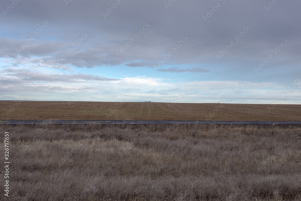 Fototapeta premium Empty road between field and huge farmland ready for crops on cloudy day
