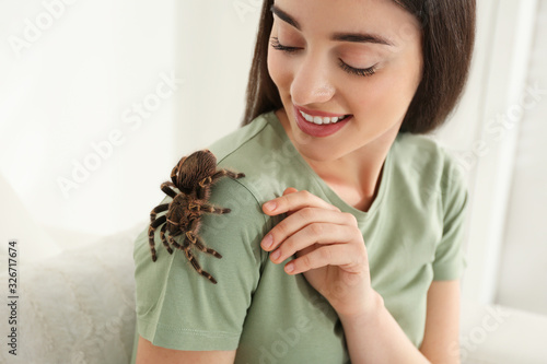 Woman with striped knee tarantula at home, closeup. Exotic pet