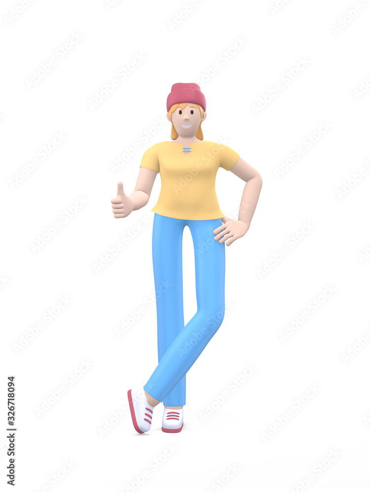 Young cheerful hipster girl in hat hand thumb up. Positive character in casual colored clothes isolated on a white background. Funny, abstract cartoon people. 3D rendering. Young cheerful hipster girl in hat hand thumb up. Positive character in casual colored clothes isolated on a white background. Funny, abstract cartoon people. 3D rendering.