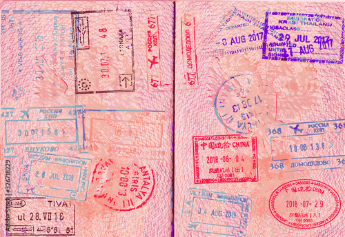 Stamps and visas in a foreign passport