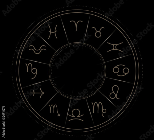 Illustration of zodiac wheel with astrological signs on black background