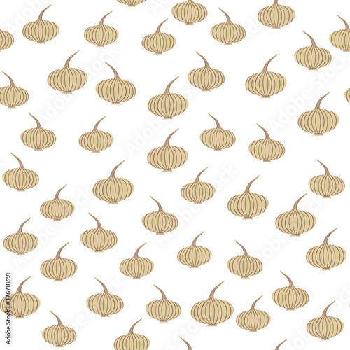 Chaotic onion seamless pattern on dots background. Onion bulb vegetable wallpaper.