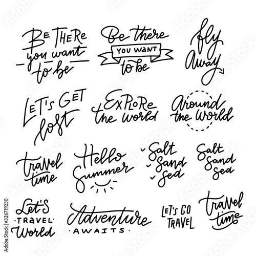 Vector set of Hand drawn linear trendy calligraphy. Summer holidays and vacation quotes, phrases and lettering words.