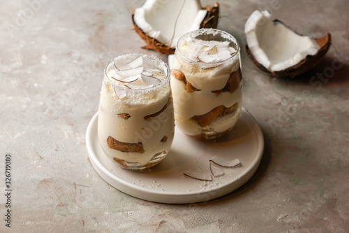 Photography coconut tiramisu in glass, typical desert of Latin America region, Cuba and Colo